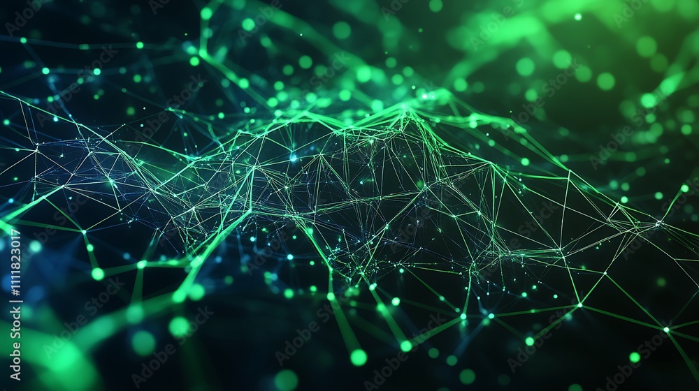 Aufkleber abstract network visualization with geometric shapes and bright green lights on a dark background