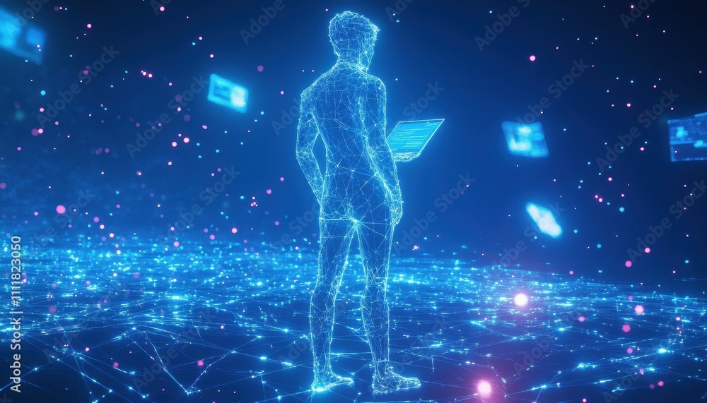 Poster digital person working with a laptop in a network