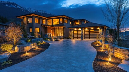 Luxurious contemporary houses with sleek design showcase warm LED lights outlining the driveway, enhancing evening beauty with vibrant illumination.