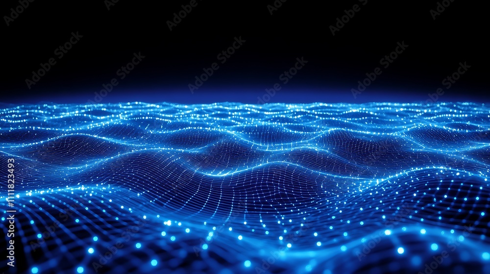 Poster abstract representation of blue digital waves with glowing particles on a dark background