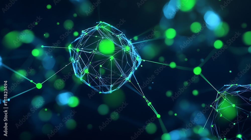 Poster abstract representation of connected molecules and particles in a dark background with green highlig