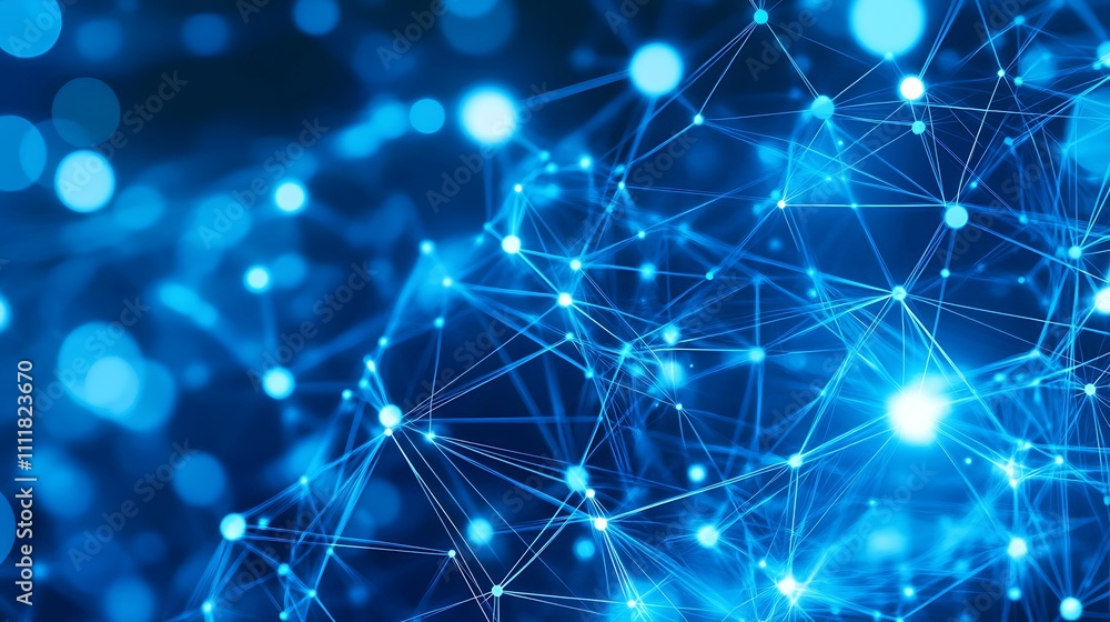 Poster abstract technology background with blue lines and dots representing connections and network communi