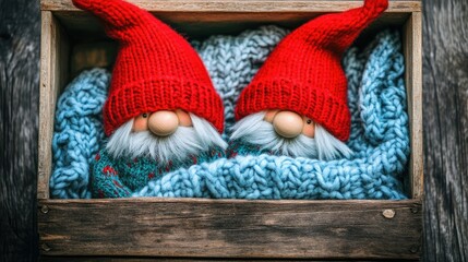 Two playful gnomes in red holiday hats perched inside a rustic box with a soft blue knitted blanket