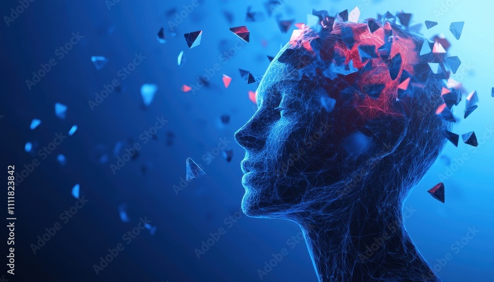 Poster digital head disintegrating into geometric fragments