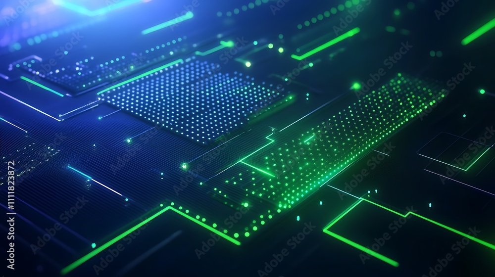 Poster abstract technology background with glowing dots and lines in green and blue colors for digital them