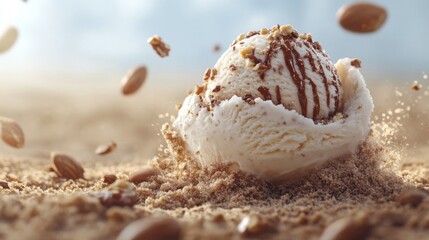 Vanilla Ice Cream Scoop With Chocolate Drizzle and Toasted Almonds Falling Into Crumbs