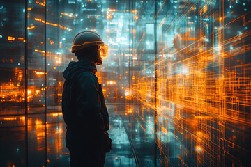 Futuristic construction project with engineers and architects working, blending blueprints and modern cityscapes using advanced technology and civil equipment