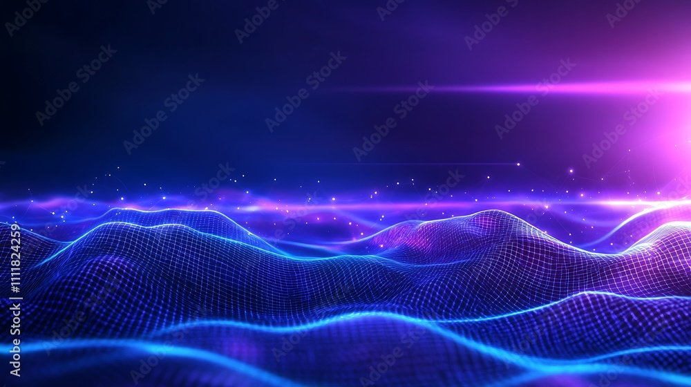 Poster abstract visualization of flowing waves with glowing particles creating a futuristic cosmic landscap