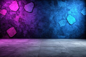 misty black concrete room background with blue, pink light and smoke