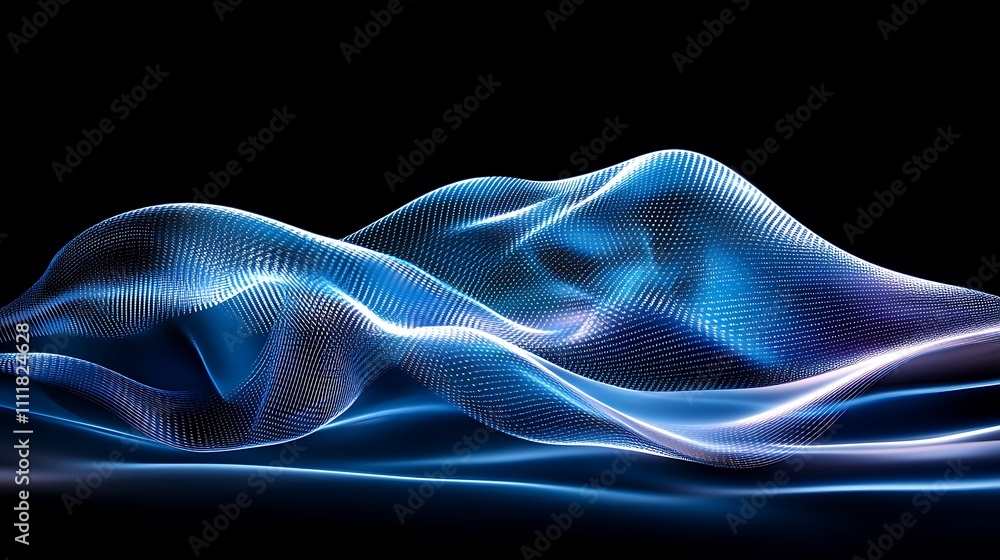 Poster abstract wave patterns in luminous blue tones creating a wave-like motion against a dark background