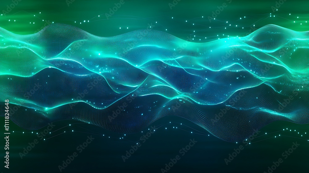 Poster abstract wave patterns with glowing light effects in blue and green color scheme for background desi