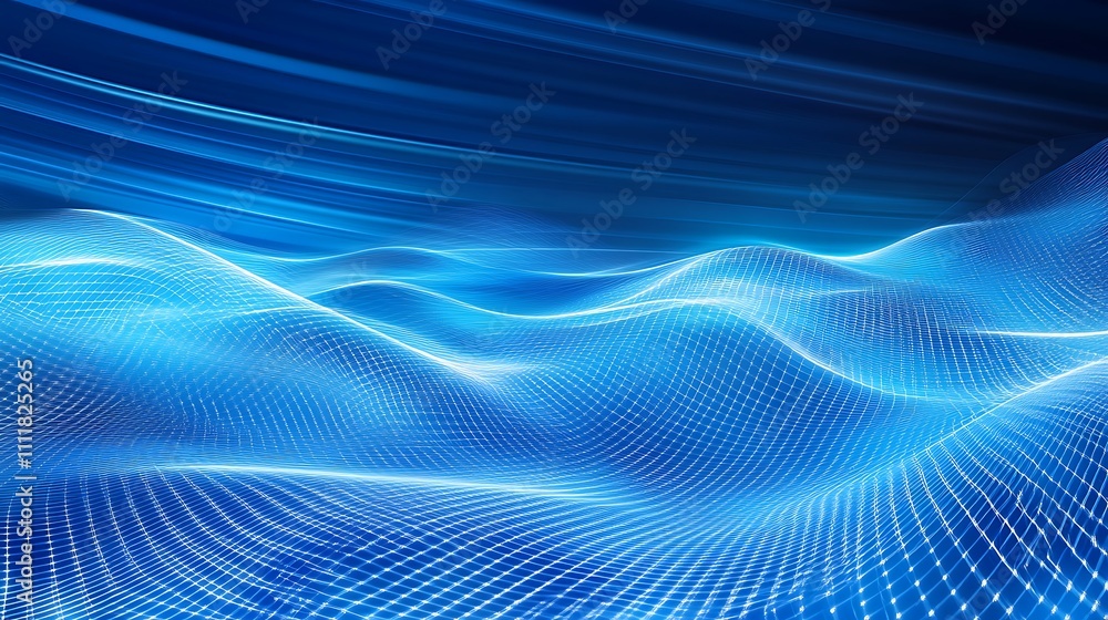 Poster abstract waves with bright blue lights and flowing patterns in a digital technology background