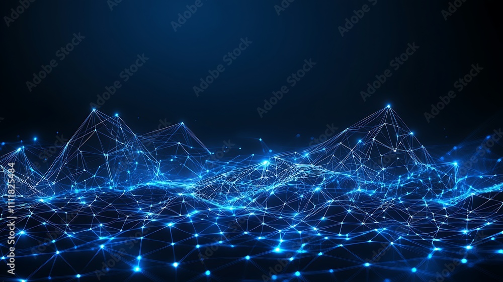 Poster blue abstract background with connecting lines and dots, representing network and communication tech