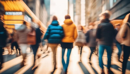Fototapeta premium Blurred people in motion on the birght street. 