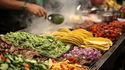 Obraz premium A street food vendor prepares tacos with various fillings and toppings.