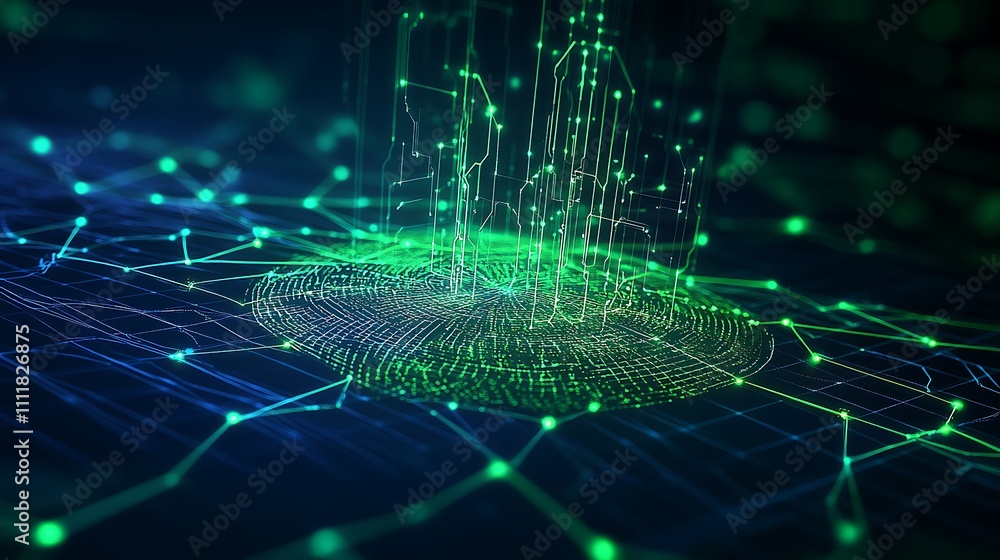 Poster digital network technology with glowing lines and data transmission in futuristic abstract design