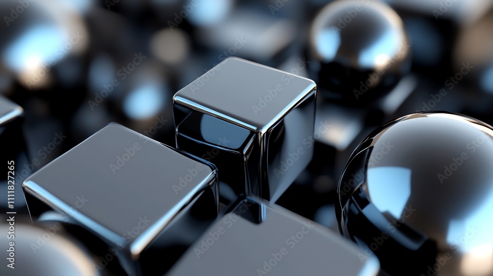 Poster shiny metallic cubes and spheres create an abstract design.