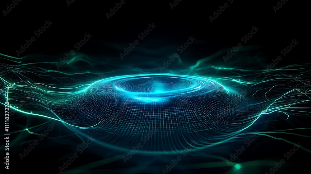 Poster dynamic abstract waves of light displaying depth and motion in a dark background with futuristic ele