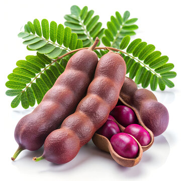 Pile of tamarind fruits with green leaves isolated on white background.