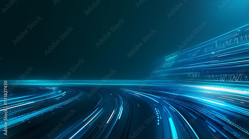 Poster dynamic blue light trails in motion against dark background creating a futuristic digital scene