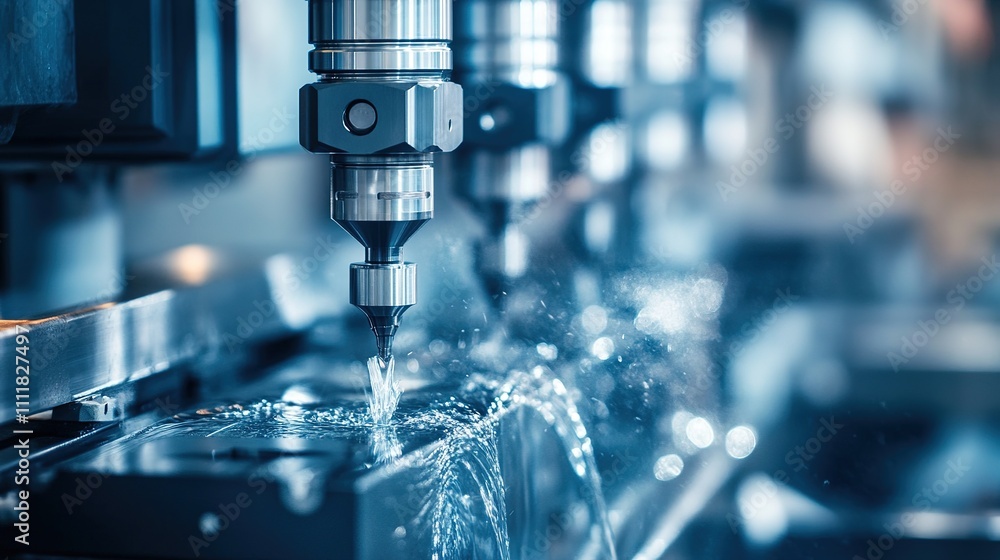 Poster cnc machines in a factory, working on multiple projects simultaneously.
