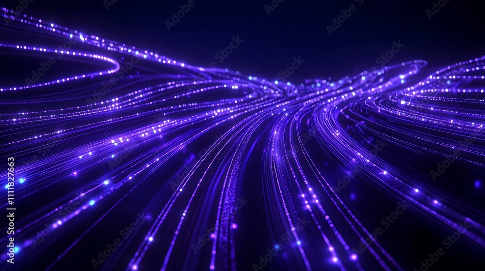 Poster dynamic flow of purple light trails across a dark background with soft glowing particles and wave pa
