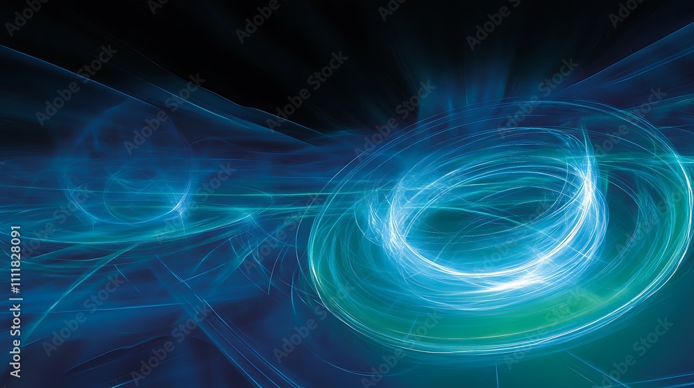 Poster Ethereal Blue Abstract Waves of Light Creating Dynamic Circular Motion in a Dark Background