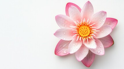 Obraz premium Single pink lotus flower in full bloom showing detailed petals and yellow center against white background