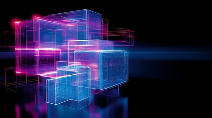 Obraz premium Futuristic Abstract 3D Shapes with Neon Colors and Light Effects on Dark Background for Modern Design Concepts