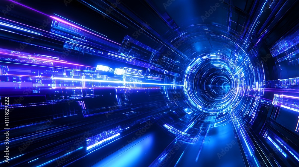 Poster futuristic abstract background with glowing lines and digital patterns in blue and purple colors