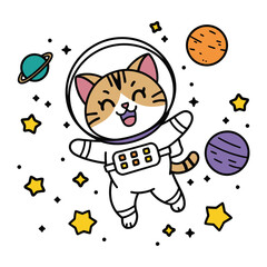 Astronaut Cat Floating in Outer Space Illustration