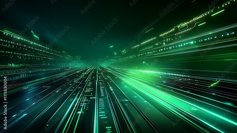 Poster futuristic abstract digital background with neon green lines and glowing light trails in motion effe