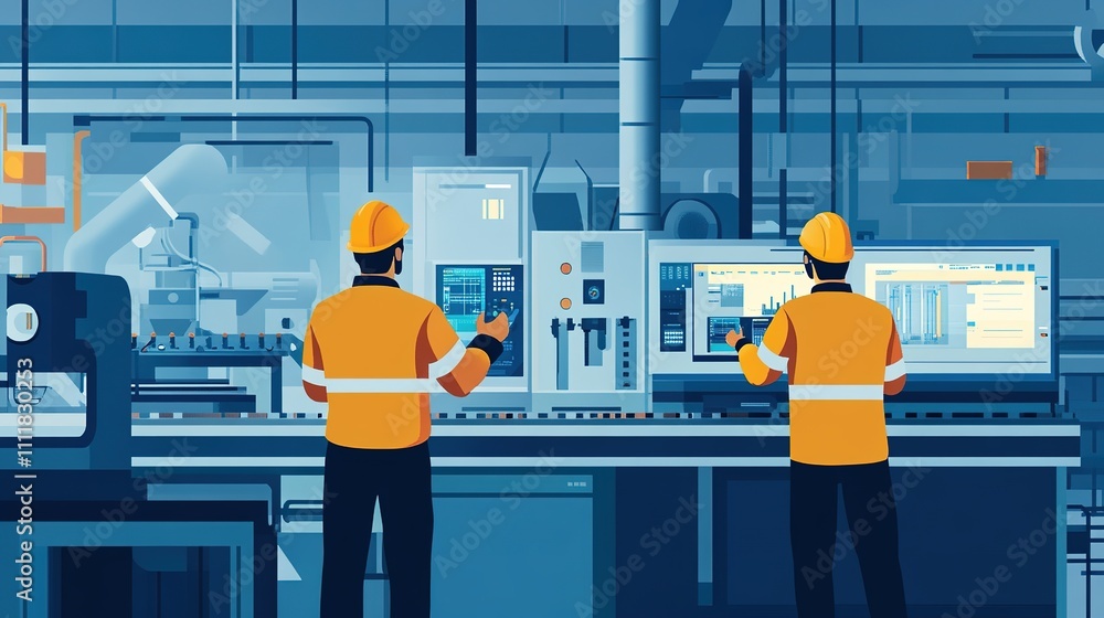 Poster factory technicians using software to monitor machinery performance in real time.