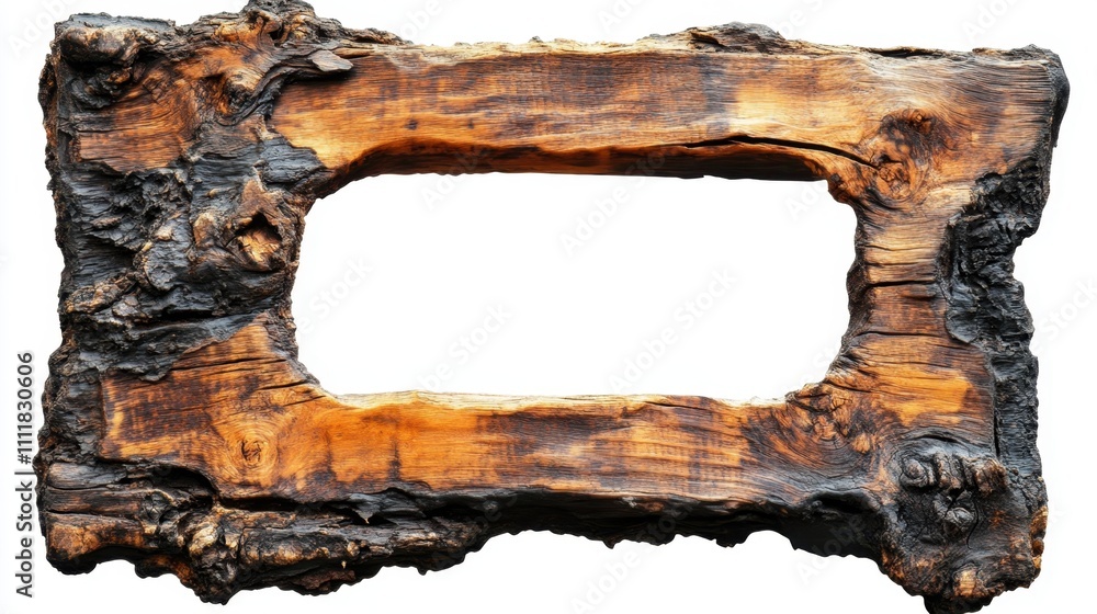 Poster a rustic pine frame with a hand-carved look and rough finish, isolated on a transparent background f