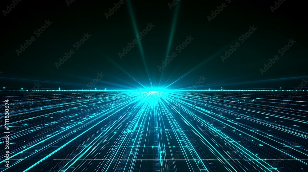 Poster futuristic abstract digital light rays emerging from a bright center, creating a dynamic visual expe