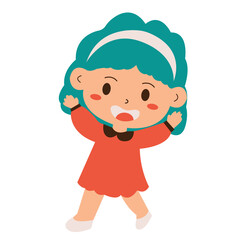 Happy teal haired girl in red skipping. Suitable for lifestyle blog, wellness promotion, fitness ads, and joyful social media posts