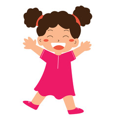 Happy girl skipping in pink dress, suitable for children's books, posters, and websites with a cheerful theme. Joyful and vibrant imagery