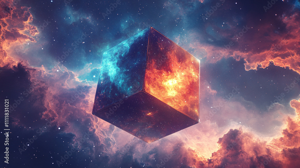 Poster cosmic cube floating in a nebula with vibrant colors and swirling clouds