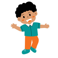 Happy young boy in teal shirt and orange pants smiling, suitable for children's clothing brands and positive lifestyle content