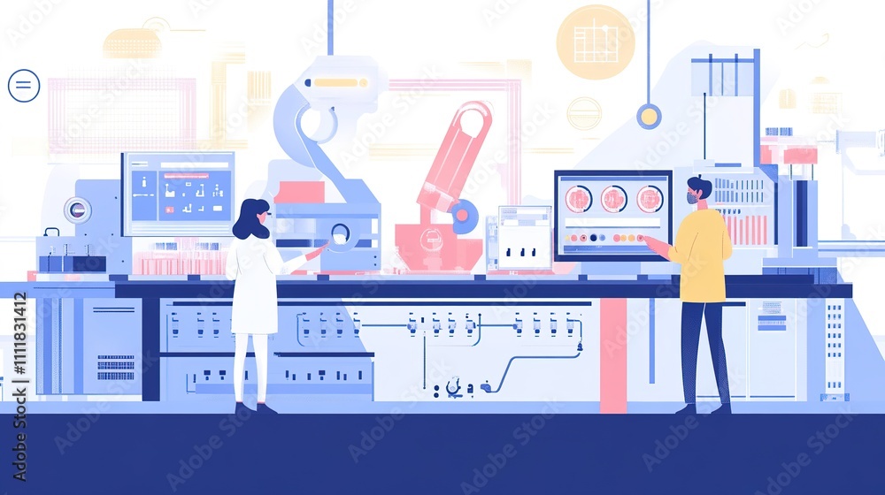 Poster factory workers interacting with automated systems for production monitoring.