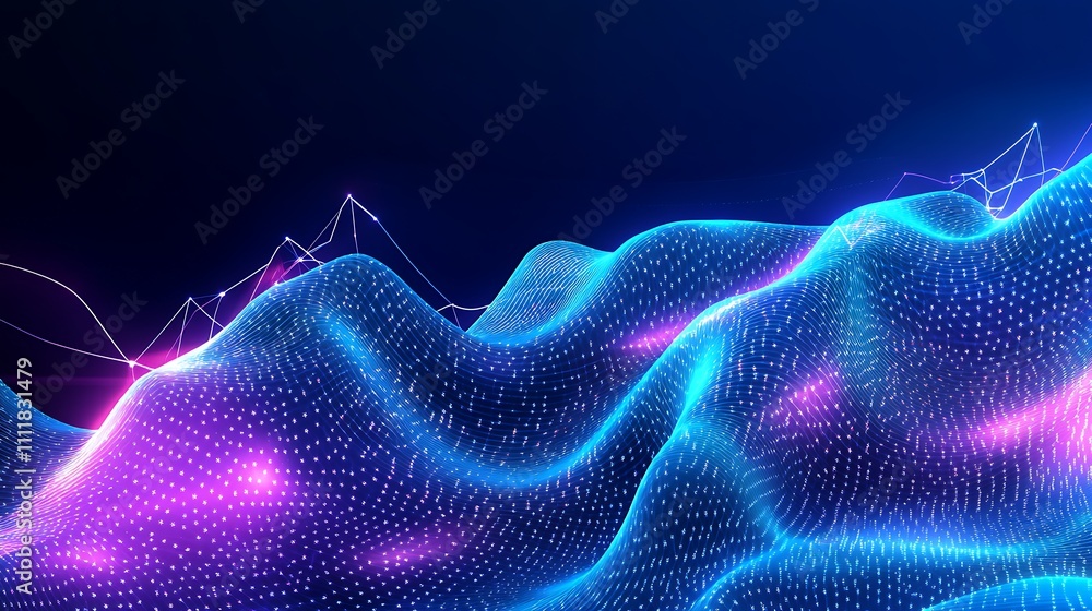 Poster futuristic abstract landscape with glowing waves and colorful light nodes in a starry background