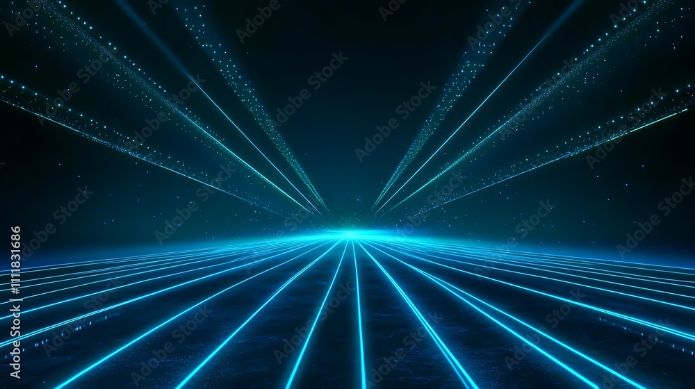 Poster futuristic abstract landscape with neon lines and light rays in dark environment for technology and 