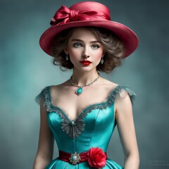 A striking portrait of a woman in a lavish pink outfit with exquisite jewelry and a large hat, set against a soft blue background, capturing elegance and grace.