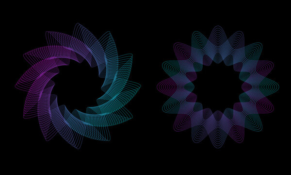 Spirograph abstract element, vector spirals and geometric patterns on a black background create a sense of movement and dynamics