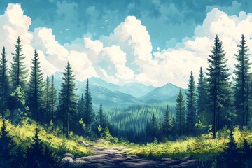 Fototapeta premium Panoramic View of Untouched Nature with Lush Greenery and Mountains