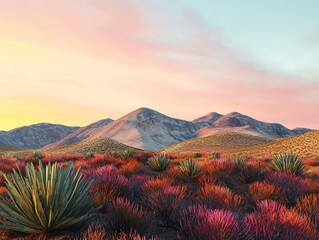 Vibrant desert landscape at sunset, showcasing colorful flora and mountains under a stunning sky.