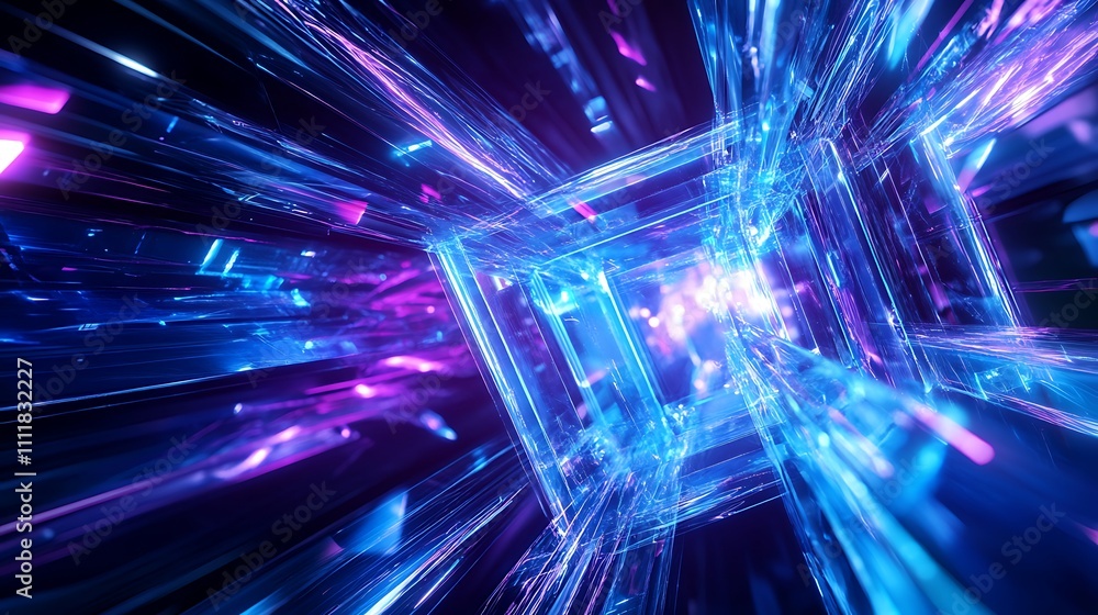 Poster futuristic abstract scene with neon light trails and geometric shapes in a deep space environment