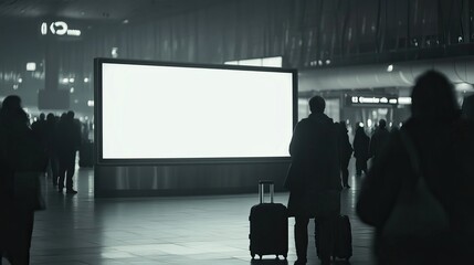 Blank billboard at an airport surrounded by passengers with luggage. AI generated image