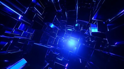 Obraz premium Futuristic Abstract Space Background with Glowing Blue Cubes and Light Rays in 3D Depth Perspective