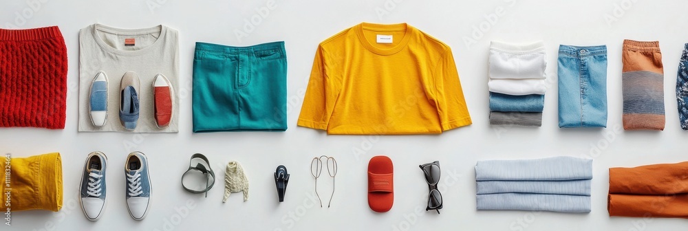 Poster clothing items like shirts and pants are neatly displayed on a white background for creative design 